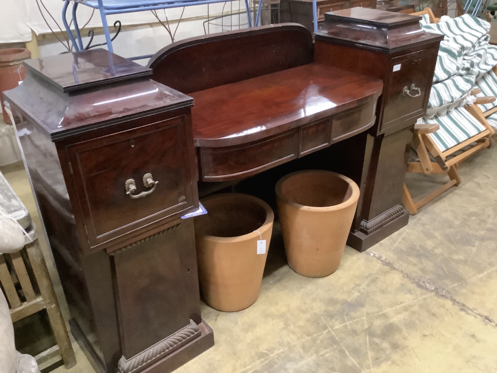 An early Victorian mahogany pedestal sideboard, length 184cm, depth 52cm, height 116cm